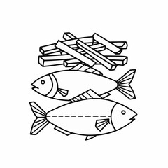 Fish and chips a black-and-white sketch of popular British fast food for colouring fun
