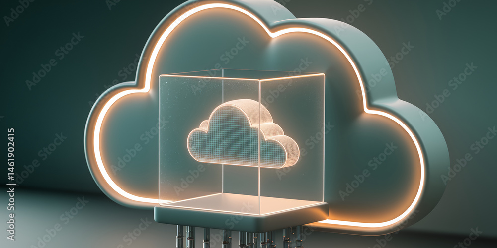 Poster glowing cloud icon inside glass cube on illuminated cloud showcase, symbolizing cloud computing, dat