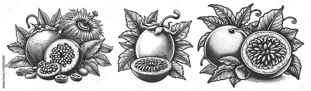 Poster passion fruit set collection bundle sketch engraving generative ai vector illustration. scratch boar