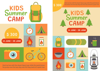 Set of flyers, invitations to children's summer camp. Vector illustration.