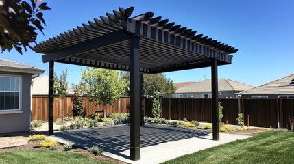 Fototapeta premium Overhead pergola casting shadows across a backyard path