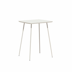 Simple, modern, white table with four legs sits atop a plain white background