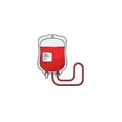 A blood bag, filled with red liquid and white label, set on a plain background