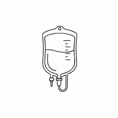 A simple black and white drawing of a saline bag, medical treatment with lines