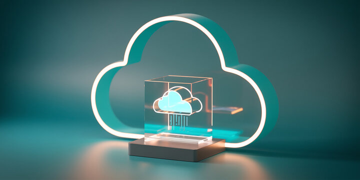 Glass cube with cloud icon on pedestal, inside teal cloud shape, symbolizing cloud computing or data storage, minimalist design, free space for text