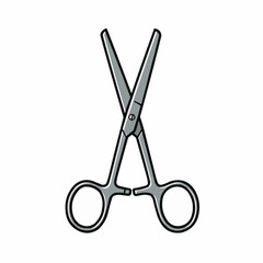 Gray scissors with black outlines sit on a white background, open slightly