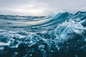 Fototapeta premium Close-up view of ocean waves crashing, showing foamy, textured water. Dark blue water with white splashes and droplets. A close-up view of the powerful ocean