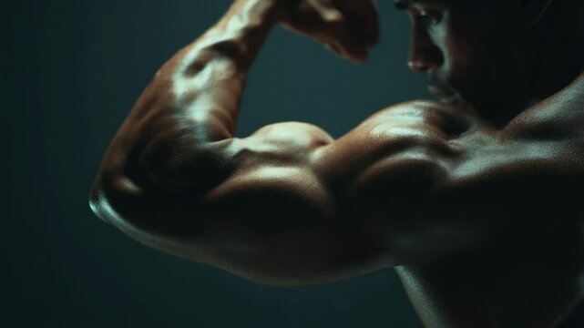 4K Side View of Man Flexing Biceps in Studio Lighting | Fitness Model Displaying Arm Muscles | Strength and Training Concept