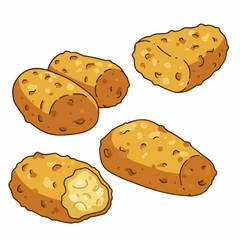 Cartoon tater tots with golden, crispy texture, isolated on a white background
