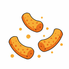 Cartoon illustration of a cheese curl on a white background with small circles