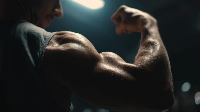 4K Close-Up of Muscular Arm Flexing Biceps | Bodybuilder Pose Showing Defined Muscle | Fitness and Strength Footage