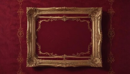 Ornate gilded frame with swirling patterns against plush burgundy velvet , graphic, isolated, background