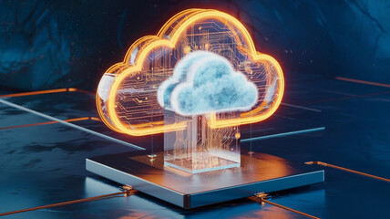 Glowing orange cloud icon on dark blue platform, showcasing a digital cloud computing concept symbolizing data storage, network, and technology