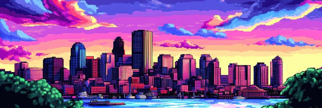 16-bit pixel art boston downtown skyline 