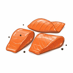 Delicious cartoon salmon pieces with pepper seeds on white backdrop