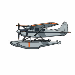 Cartoon-style vintage airplane. Gray body, propeller, black accents, orange wing stripe