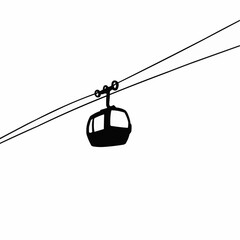 A simplistic drawing of a chairlift heading towards a mountain with snowy peaks