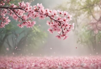 Delicate pink sakura petals drift on a softly blurred spring background ,  subtle,  bloom