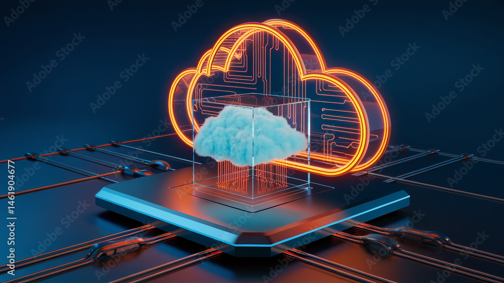 Poster stylized 3d cloud computing concept image: glowing orange cloud icon encircles a blue cloud in glass
