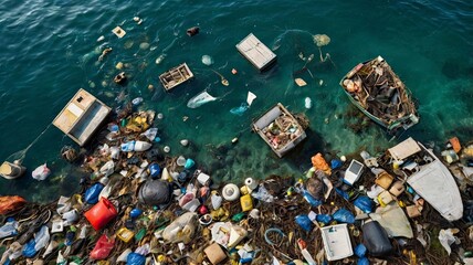 Various types of rubbish floating in the sea seen from above