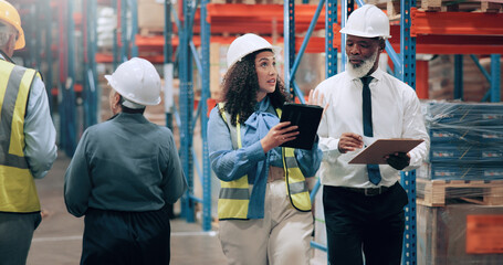 Supply chain, people or teamwork in warehouse, tablet or online schedule for shipping. Employees,...