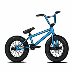 Cartoon style blue bicycle with black handles and seat on white background
