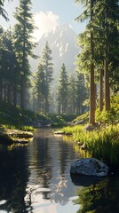 Naklejka premium Tranquil river flowing through dense forest with majestic mountain backdrop