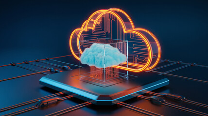Stylized 3D cloud computing concept image: glowing orange cloud icon encircles a blue cloud in glass cube atop a dark platform, showcasing data processing and storage