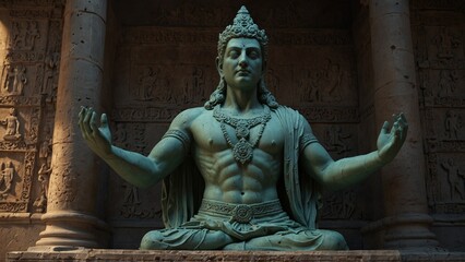 A statue of Kalmas, extending a translucent wall from his hands to bar the forgotten from the living