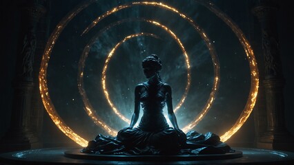 A statue of Sophnia, sitting at the center of a silent, glowing vortex