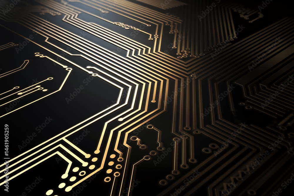 Poster close-up of golden circuit board texture, showing intricate lines and connections, representing tech