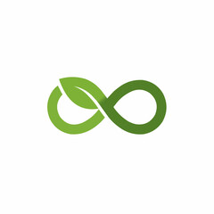 A minimalistic logo showing an intertwining leaf and circle, a symbol for sustainability