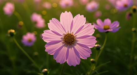 Obraz premium Pink Flower Blooming in a Meadow at Sunset