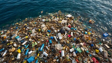 Various types of rubbish floating in the sea seen from above