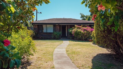 Wide view of a single-story home framed with colorful blooms