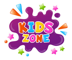 Kids zone logo featuring colorful, playful letters and stars on a vibrant purple splash background, creating a fun and inviting atmosphere for children's activities or designated areas