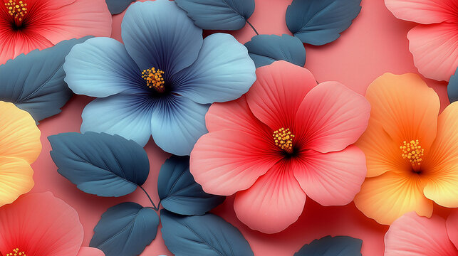 Coral Hibiscus Medley on Teal Leaf ground