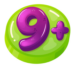 Purple number nine and plus sign on a green round button are representing age restriction classification of games. Apps. Movies and other digital content suitable for children from nine years of age