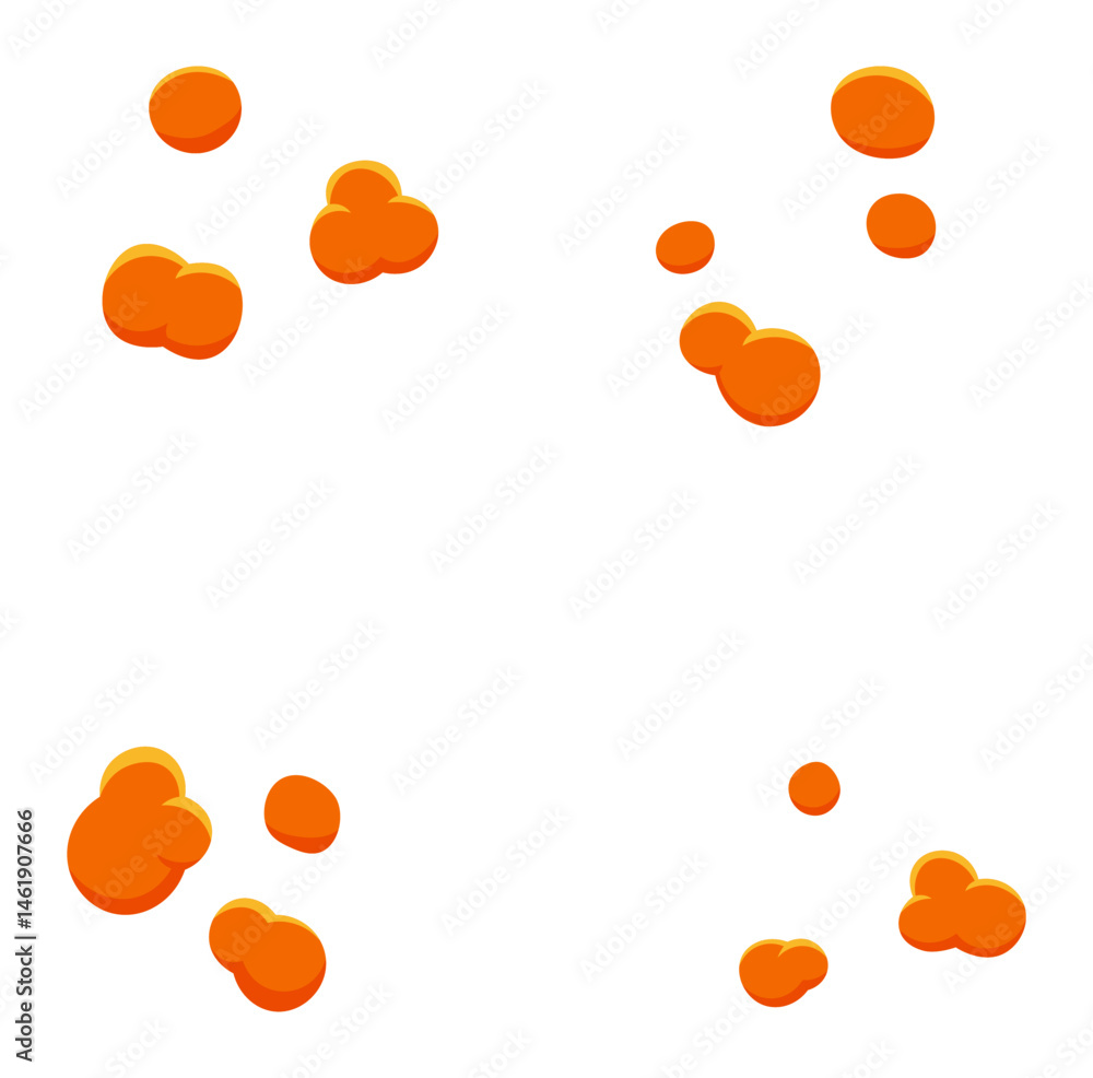 Poster orange viscous liquid is splashing and making stains of different sizes and shapes on a white backgr