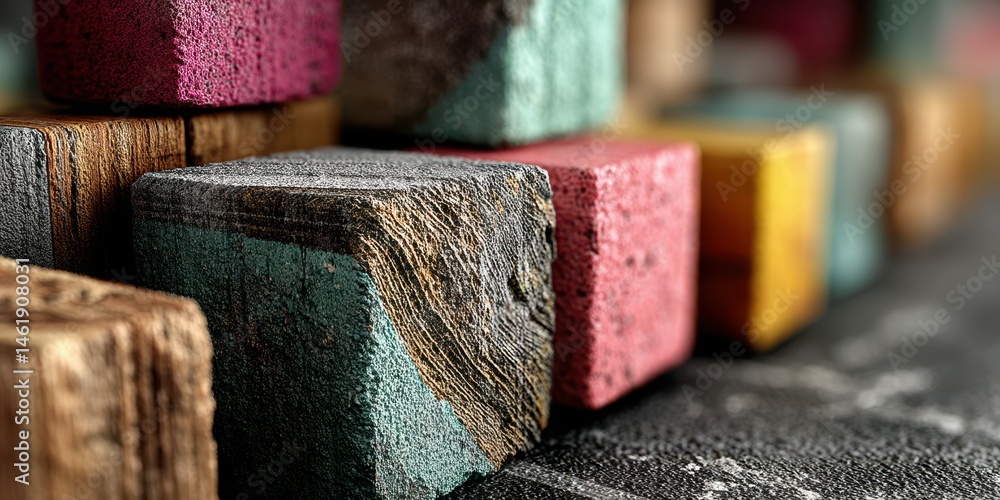 Poster colorful wooden blocks arranged on a textured surface create an intriguing display of shapes and col
