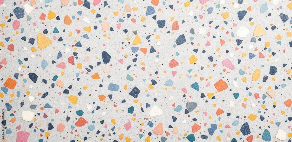 Poster colorful terrazzo pattern with scattered geometric chips on a light background.