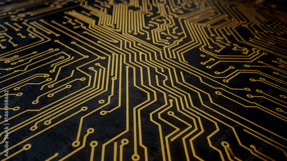 Poster abstract image of gold circuitry on dark background, showcasing intricate network pattern symbolizin