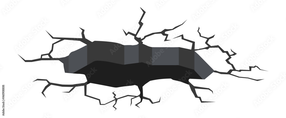 Poster ground splitting creating deep dark hole with jagged edges, representing concepts such as earthquake