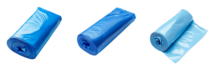 A set of neatly rolled blue garbage bags with soft shadows and realistic texture Isolated on transparent Background