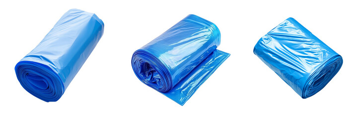 A set of blue plastic trash bags rolled tightly with smooth texture and shadows Isolated on transparent Background