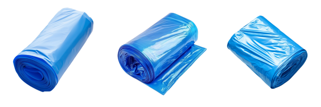 A set of blue plastic trash bags rolled tightly with smooth texture and shadows Isolated on transparent Background