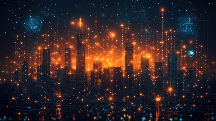 Fototapeta premium A futuristic city skyline illuminated by glowing data points and digital interfaces.