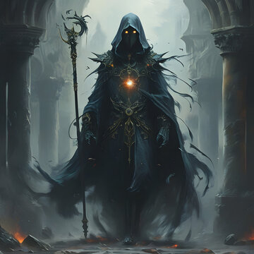 Dark sorcerer in a hooded robe