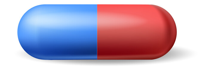 Red and blue capsule lying on a white surface and casting a shadow, representing medical treatment, healthcare, and pharmaceutical industry