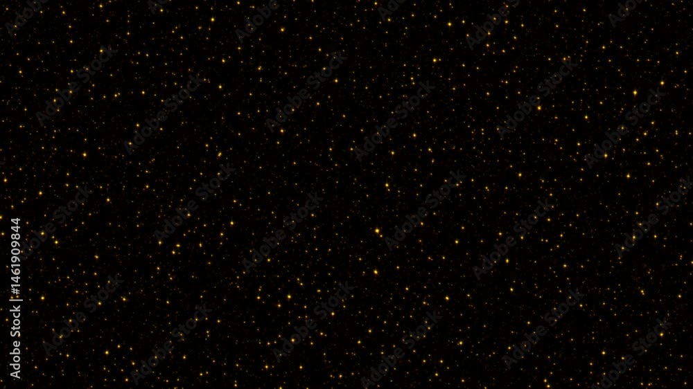 Poster abstract animation loop floating glow gold stars dust particles flow up on black background. 4k 3d s